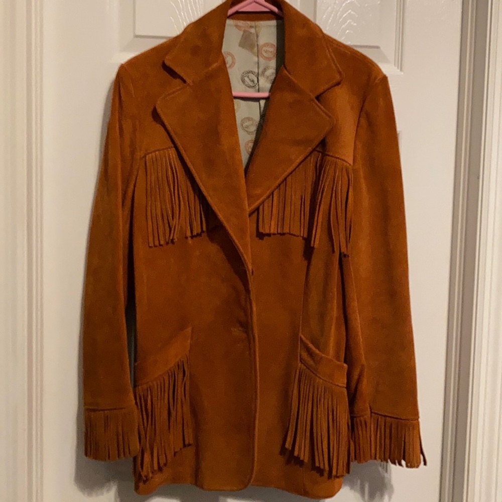 Vintage Jo-o Kay Sueded Cowhide Leather Copper Ladies Jacket With Fringe Size 16